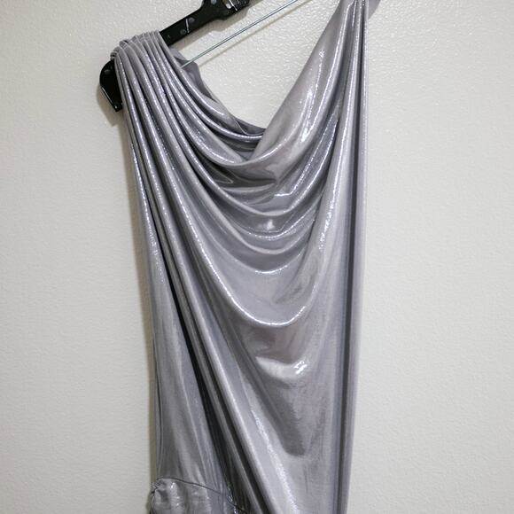 Norma Kamali One Shoulder Lame Mini Dress Silver Metallic Ruffle Drape SZ M - Picture 6 of 9